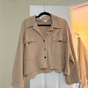 POL Beige Waffle Knit Button Down Shirt
